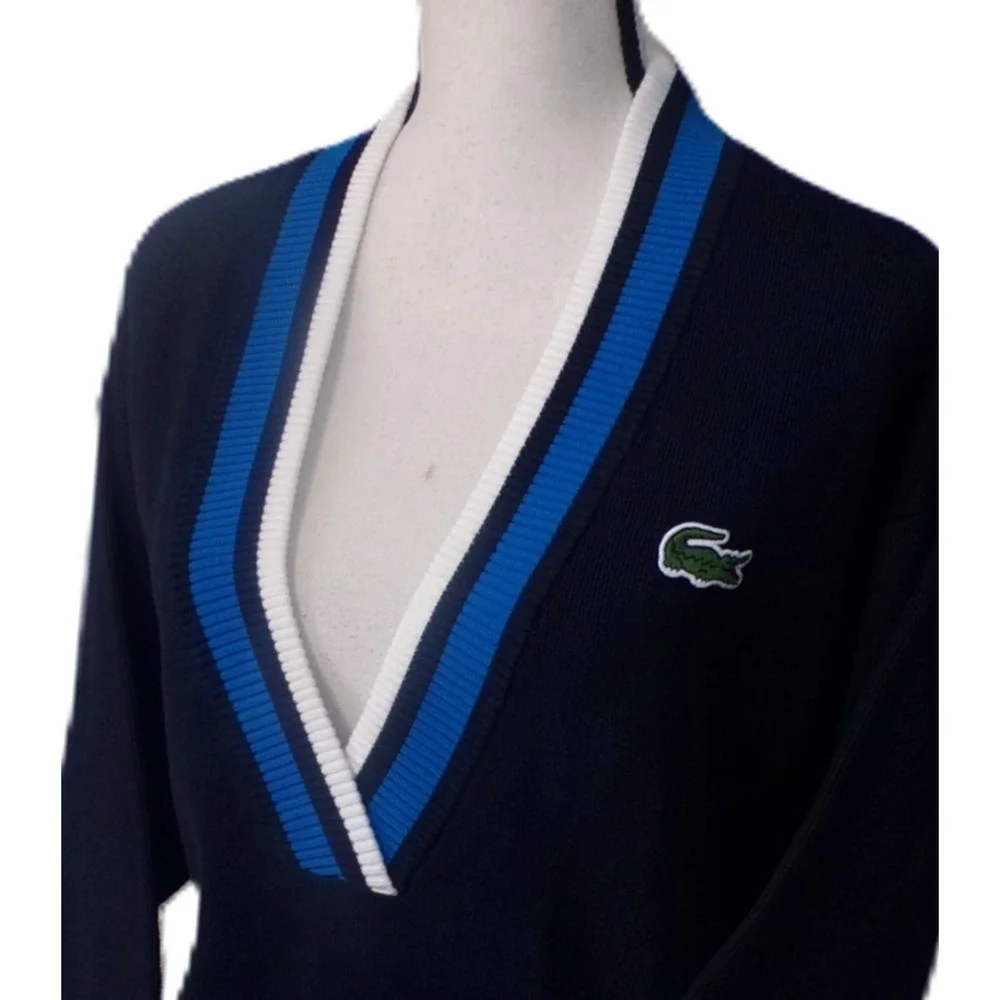 Lacoste V Sweater M Oversized Navy Color Block Tennis Jumper Big Alligator - Picture 12 of 16